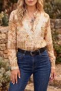 Floral Lace Trim Button Down Long Sleeve Shirt – Brown