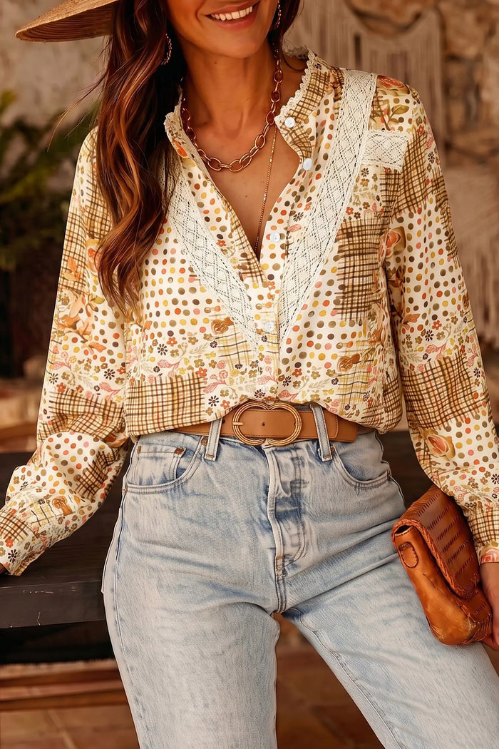 Floral Lace Trim Button Down Long Sleeve Shirt – Brown