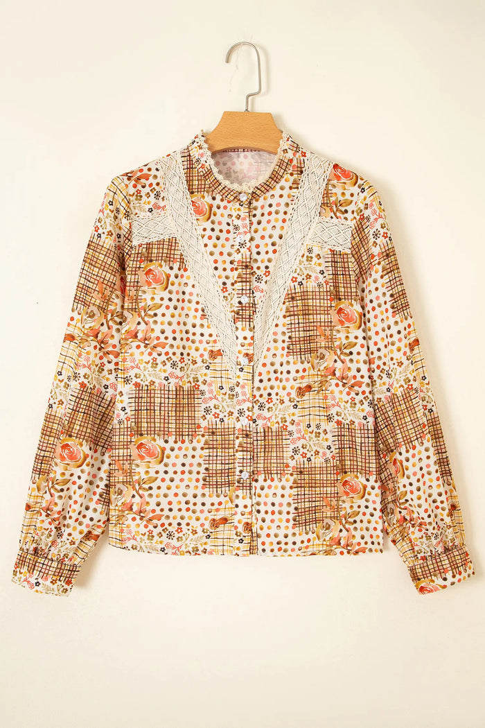 Floral Lace Trim Button Down Long Sleeve Shirt – Brown