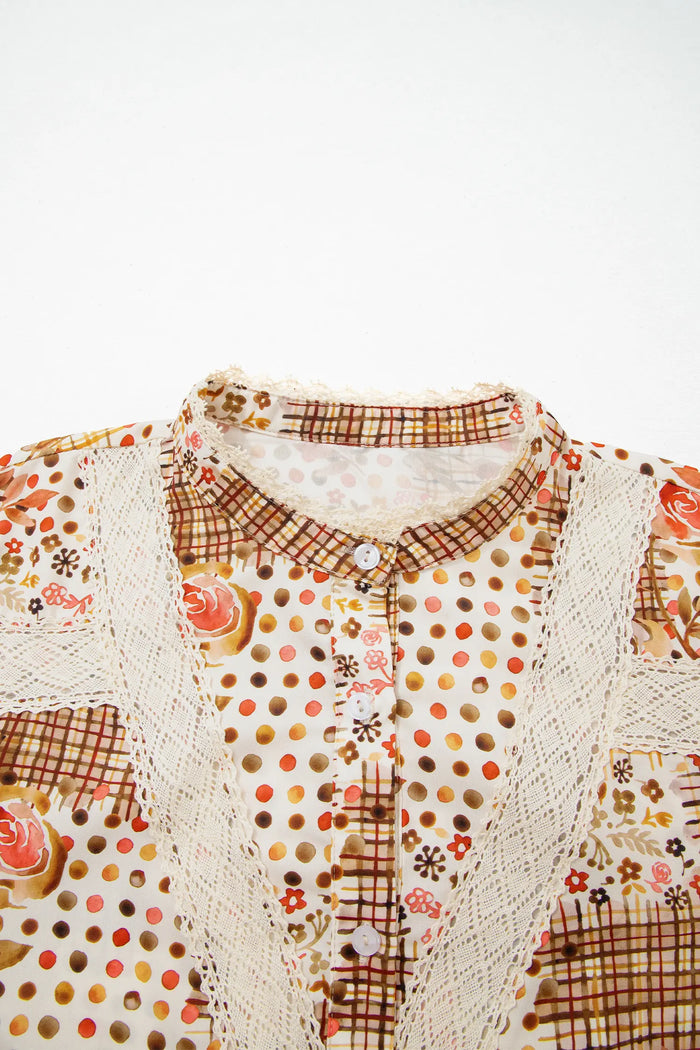 Floral Lace Trim Button Down Long Sleeve Shirt – Brown
