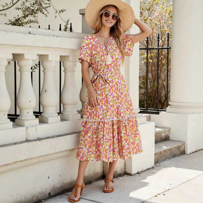 Floral Midi Dress with Belt - Dresses/Midi Dresses