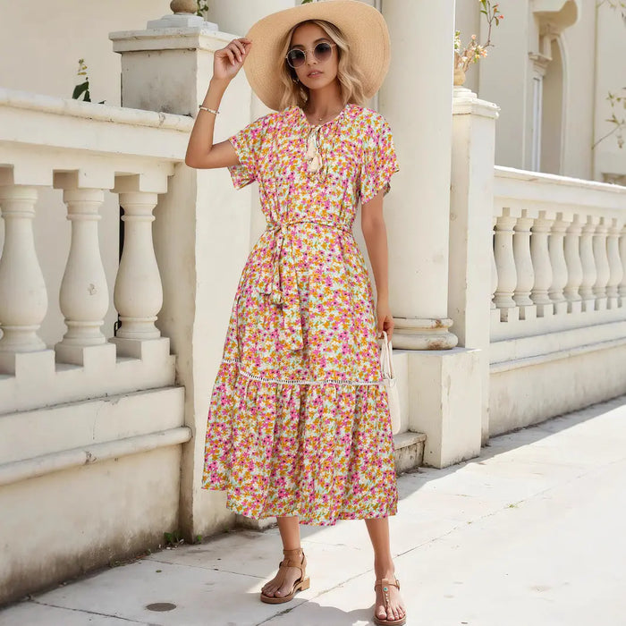 Floral Midi Dress with Belt - Dresses/Midi Dresses