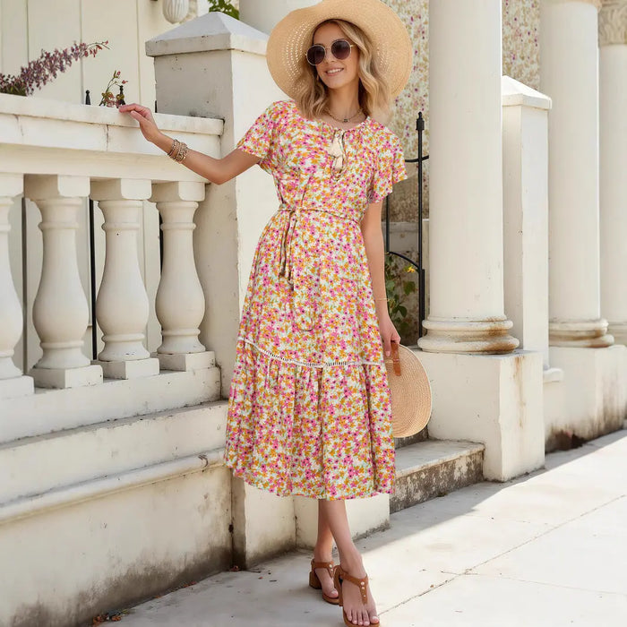 Floral Midi Dress with Belt - Dresses/Midi Dresses