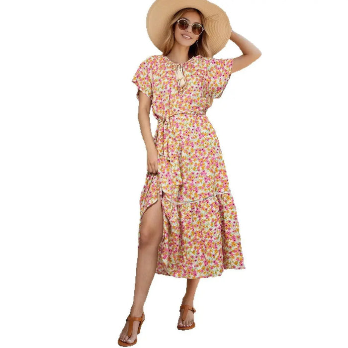 Floral Midi Dress with Belt - Dresses/Midi Dresses