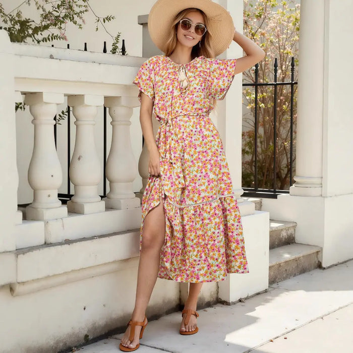 Floral Midi Dress with Belt - Pattern / S - Dresses/Midi Dresses