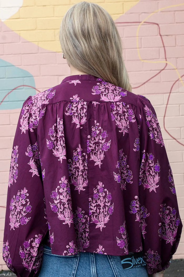 Floral Print Button Front Long Puff Sleeve Shirt – Purple