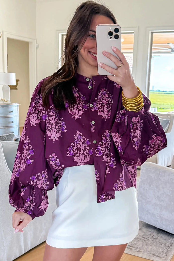 Floral Print Button Front Long Puff Sleeve Shirt – Purple