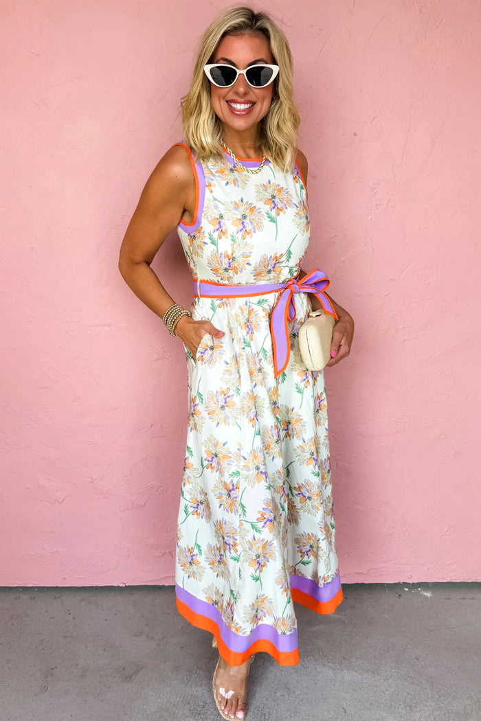 Floral Print Colour Block Trim Belted Sleeveless Maxi Dress