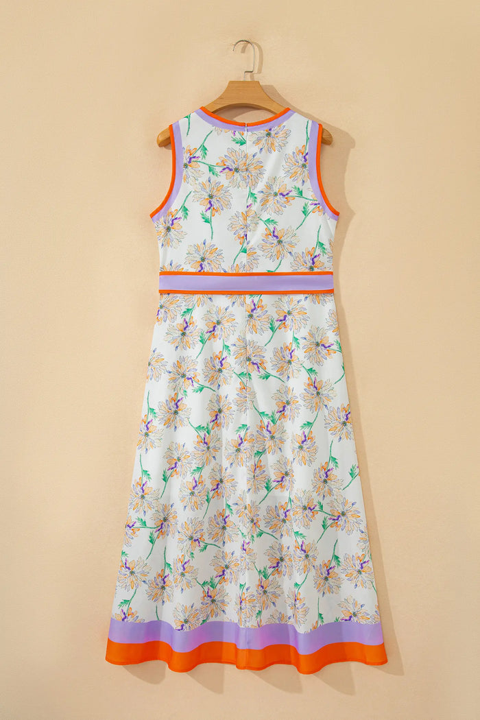 Floral Print Colour Block Trim Belted Sleeveless Maxi Dress