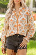 Floral Print Contrast Detail V Neck Long Sleeve Blouse – Orange