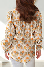 Floral Print Contrast Detail V Neck Long Sleeve Blouse – Orange