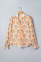 Floral Print Contrast Detail V Neck Long Sleeve Blouse – Orange