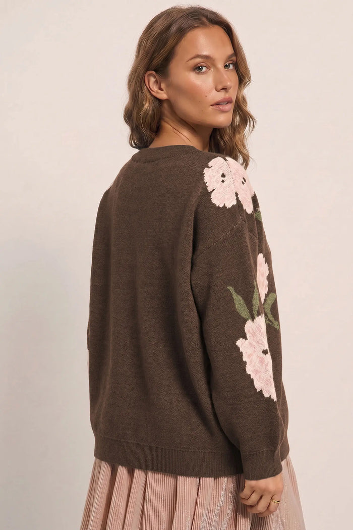 Floral Print Drop Shoulder Relaxed Pullover Sweater – Dark Brown