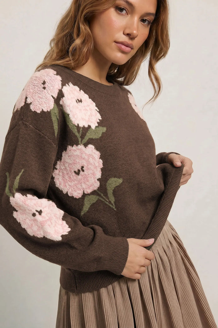 Floral Print Drop Shoulder Relaxed Pullover Sweater – Dark Brown