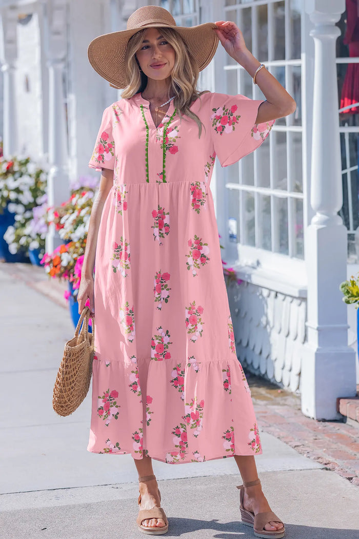 Floral Print Flutter Sleeve Maxi Dress