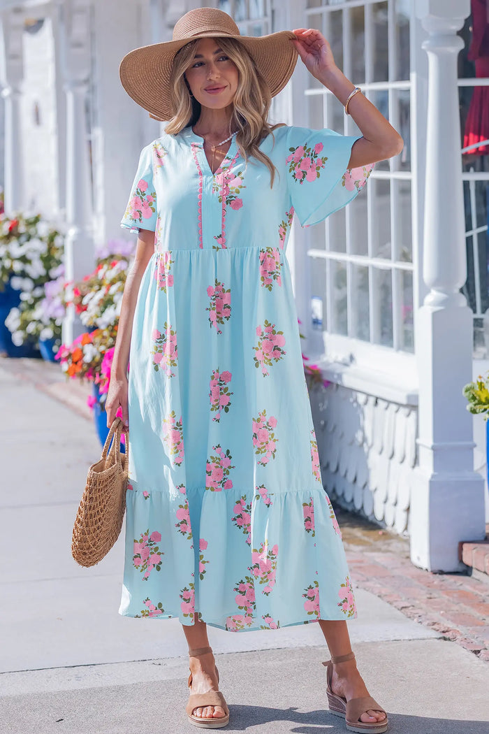 Floral Print Flutter Sleeve Maxi Dress