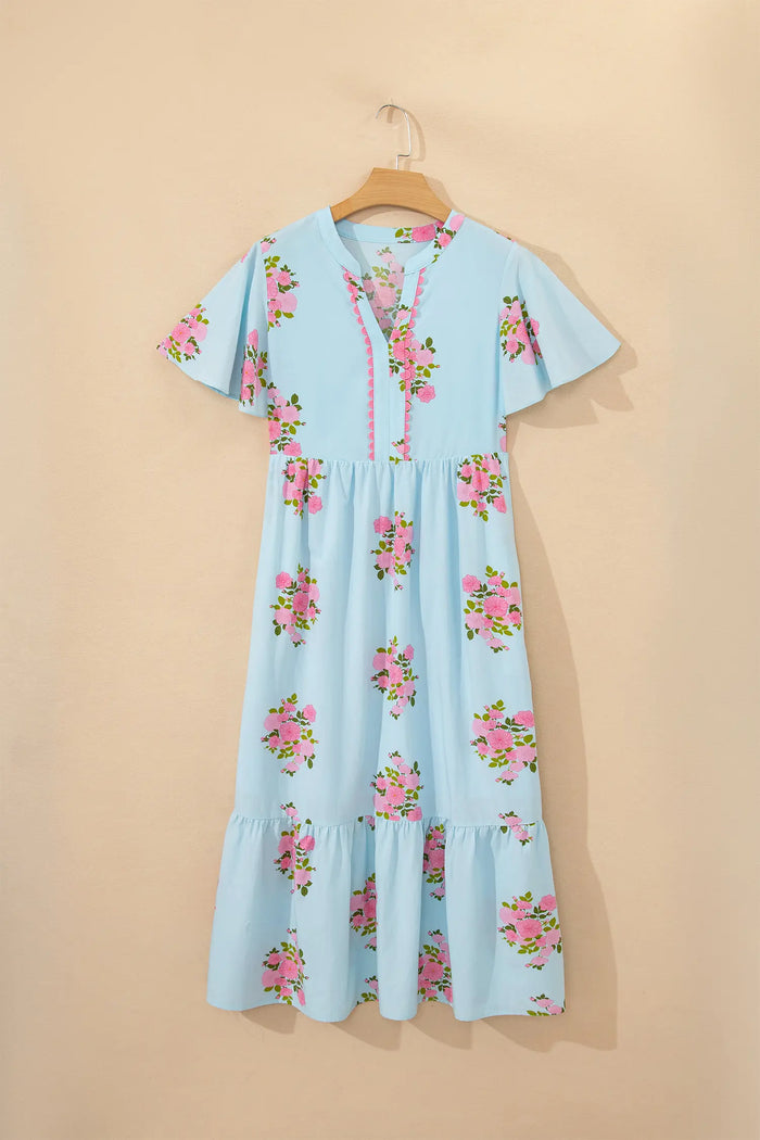 Floral Print Flutter Sleeve Maxi Dress