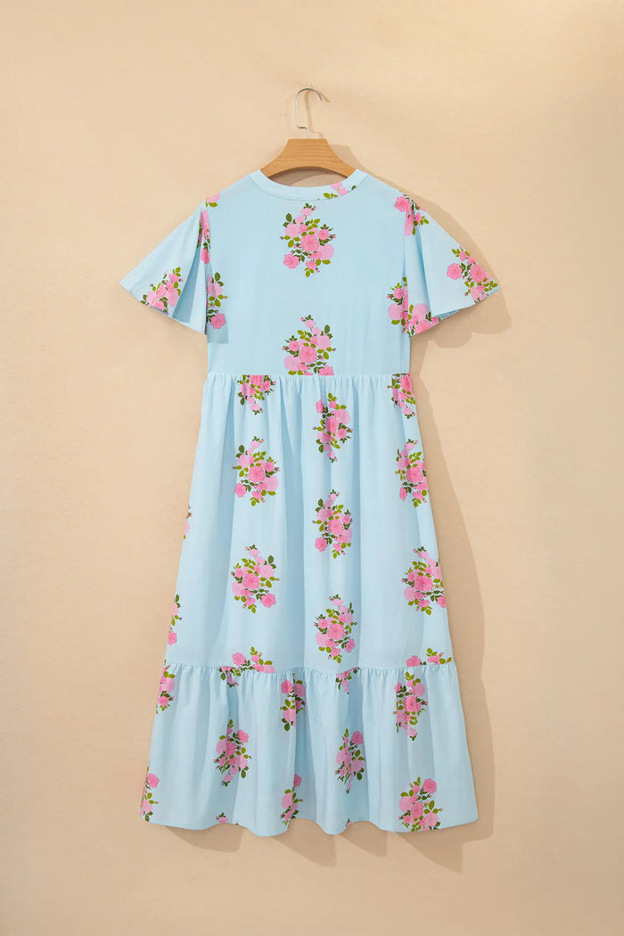 Floral Print Flutter Sleeve Maxi Dress