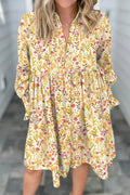 Floral Print Frilly Trim Smocked Cuff Long Sleeve Loose Shirt Dress - Yellow / S - Dresses/Mini Dresses