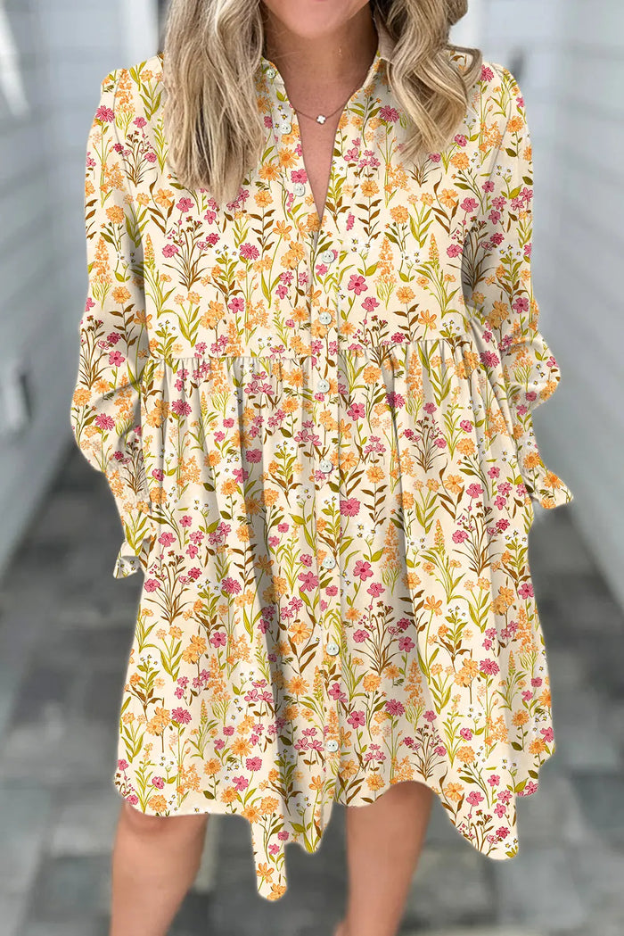 Floral Print Frilly Trim Smocked Cuff Long Sleeve Loose Shirt Dress - Yellow / S - Dresses/Mini Dresses