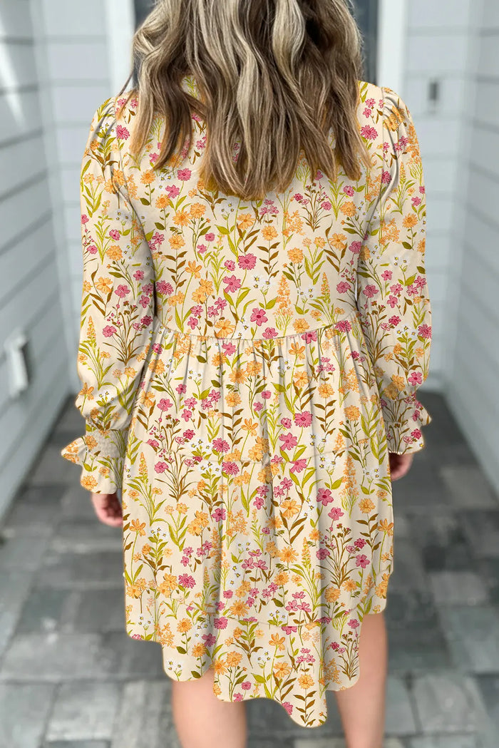 Floral Print Frilly Trim Smocked Cuff Long Sleeve Loose Shirt Dress - Dresses/Mini Dresses
