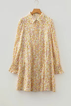 Floral Print Frilly Trim Smocked Cuff Long Sleeve Loose Shirt Dress - Dresses/Mini Dresses