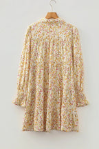 Floral Print Frilly Trim Smocked Cuff Long Sleeve Loose Shirt Dress - Dresses/Mini Dresses