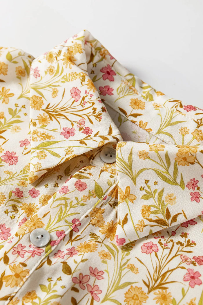 Floral Print Frilly Trim Smocked Cuff Long Sleeve Loose Shirt Dress - Dresses/Mini Dresses