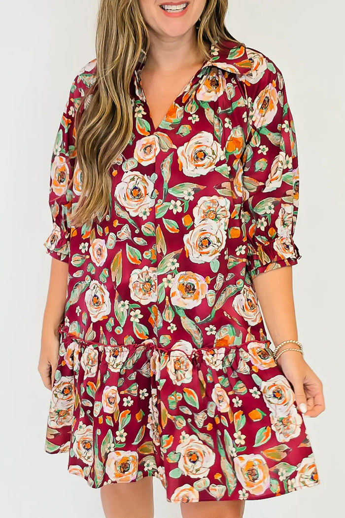 Floral Print Half Sleeve Short Shift Dress – Red