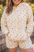 Floral Print Hooded Long Sleeve Plus Size Set – Beige