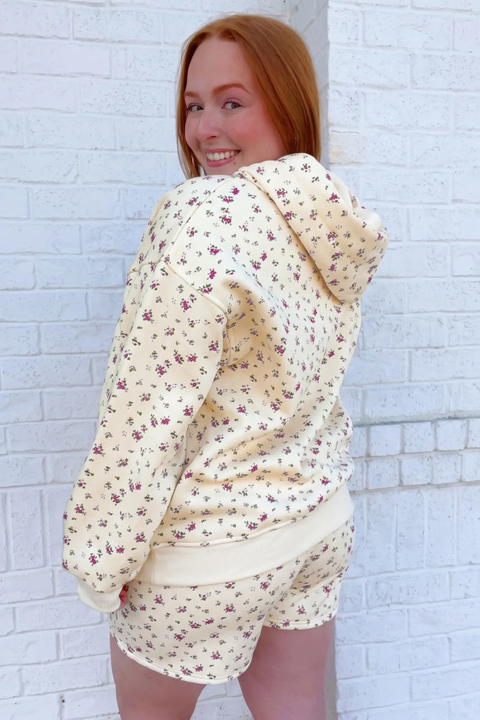 Floral Print Hooded Long Sleeve Plus Size Set – Beige