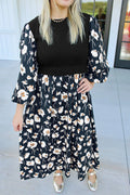 Floral Print Long Sleeve Round Neck Shift Plus Size Dress – Black