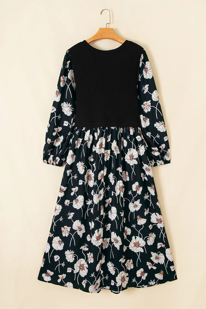 Floral Print Long Sleeve Round Neck Shift Plus Size Dress – Black