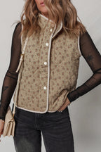 Floral Print Quilted Concealed Button Vest – Khaki