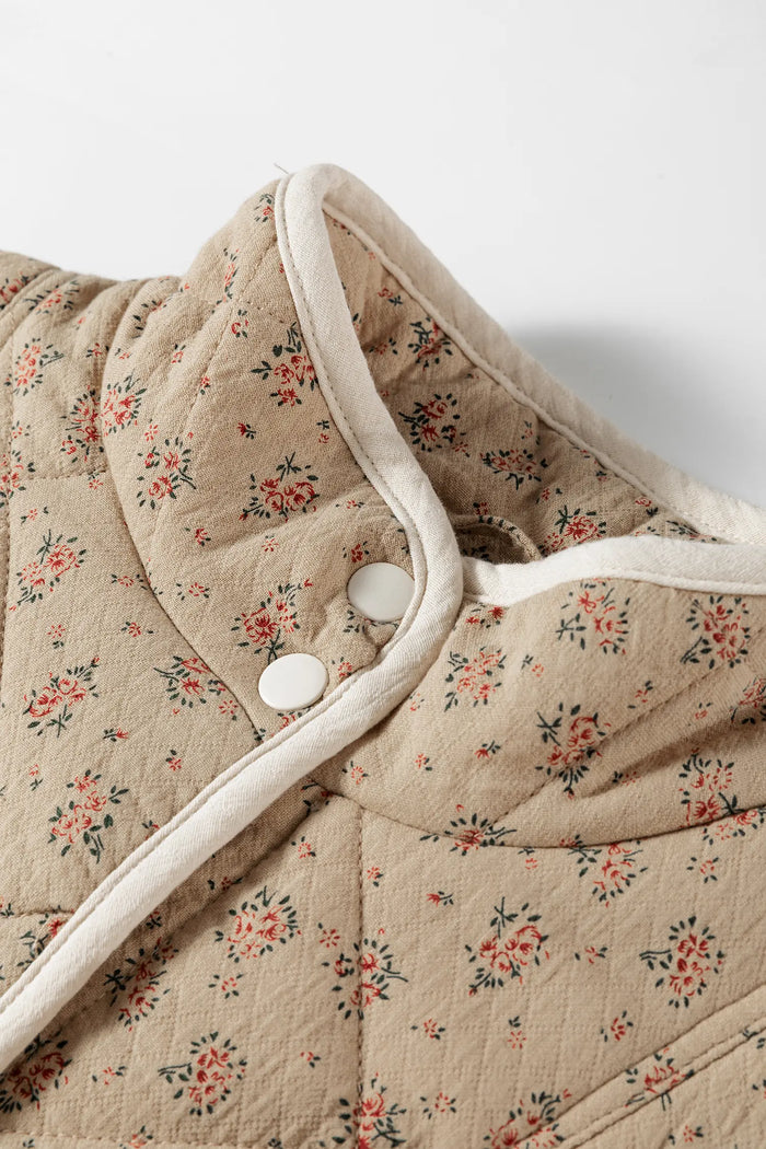 Floral Print Quilted Concealed Button Vest – Khaki