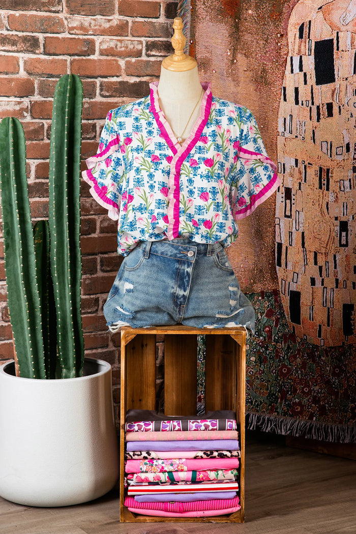 Floral Print Ruffle V-Neck Short Sleeve Loose Tunic Shirt – Rose