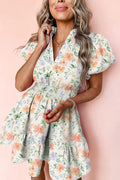 Beige Floral Print Shirred High Waist Puff Sleeve Mini Dress - S / 100% Cotton - Dresses/Floral Dresses
