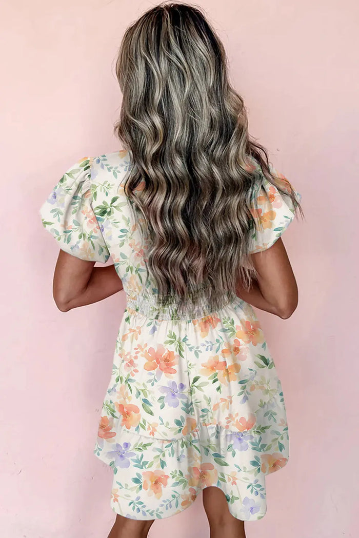 Beige Floral Print Shirred High Waist Puff Sleeve Mini Dress - Dresses/Floral Dresses