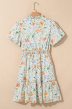 Beige Floral Print Shirred High Waist Puff Sleeve Mini Dress - Dresses/Floral Dresses