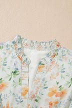 Beige Floral Print Shirred High Waist Puff Sleeve Mini Dress - Dresses/Floral Dresses