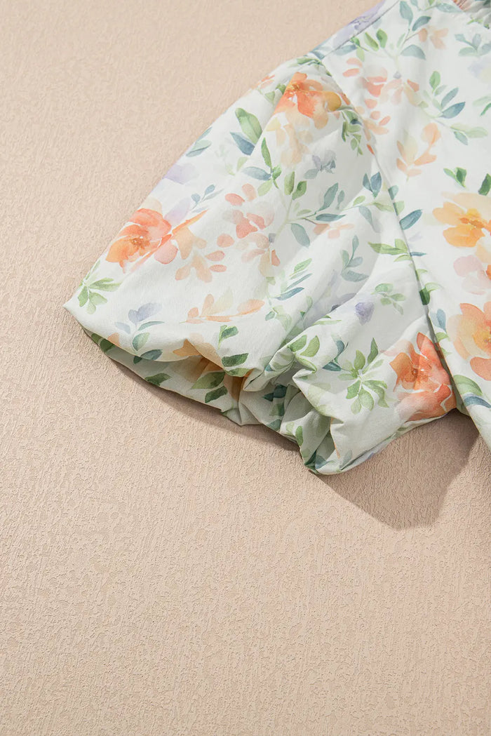 Beige Floral Print Shirred High Waist Puff Sleeve Mini Dress - Dresses/Floral Dresses