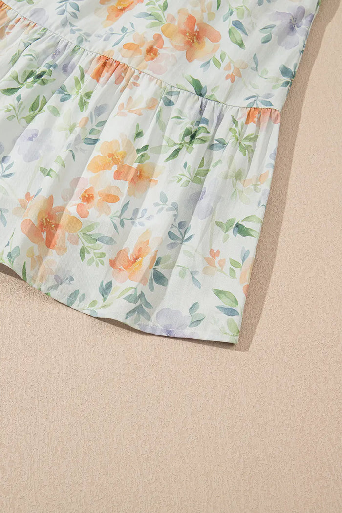 Beige Floral Print Shirred High Waist Puff Sleeve Mini Dress - Dresses/Floral Dresses