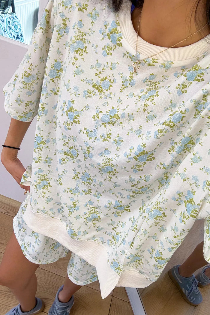 Floral Print Short Sleeve Elastic Waist Pocket Two Piece Set – Sky Blue