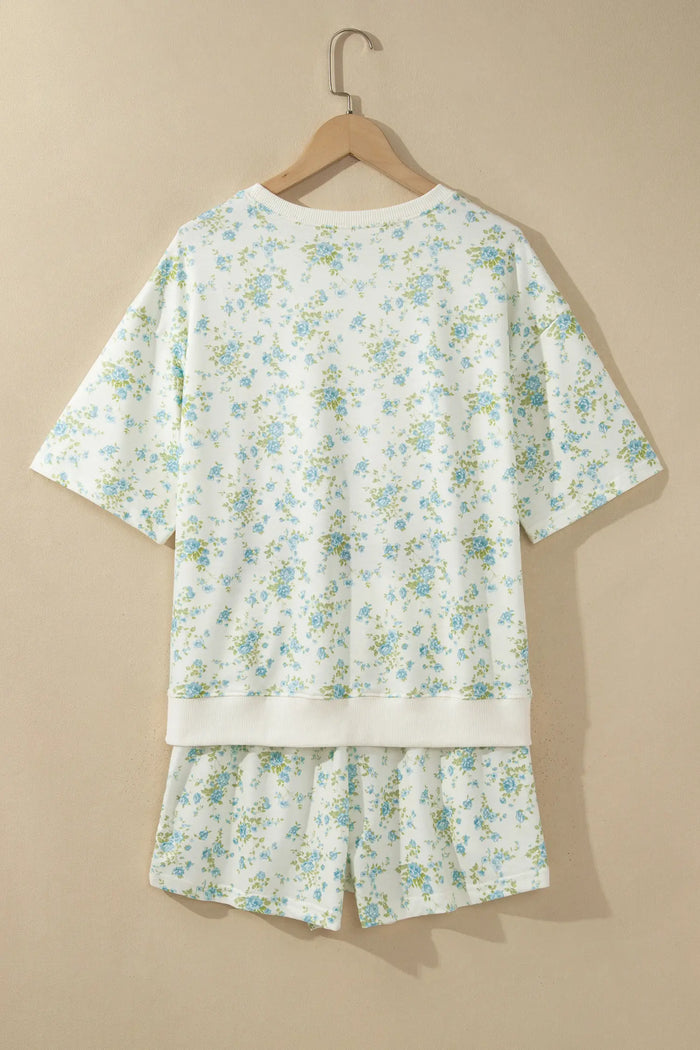 Floral Print Short Sleeve Elastic Waist Pocket Two Piece Set – Sky Blue
