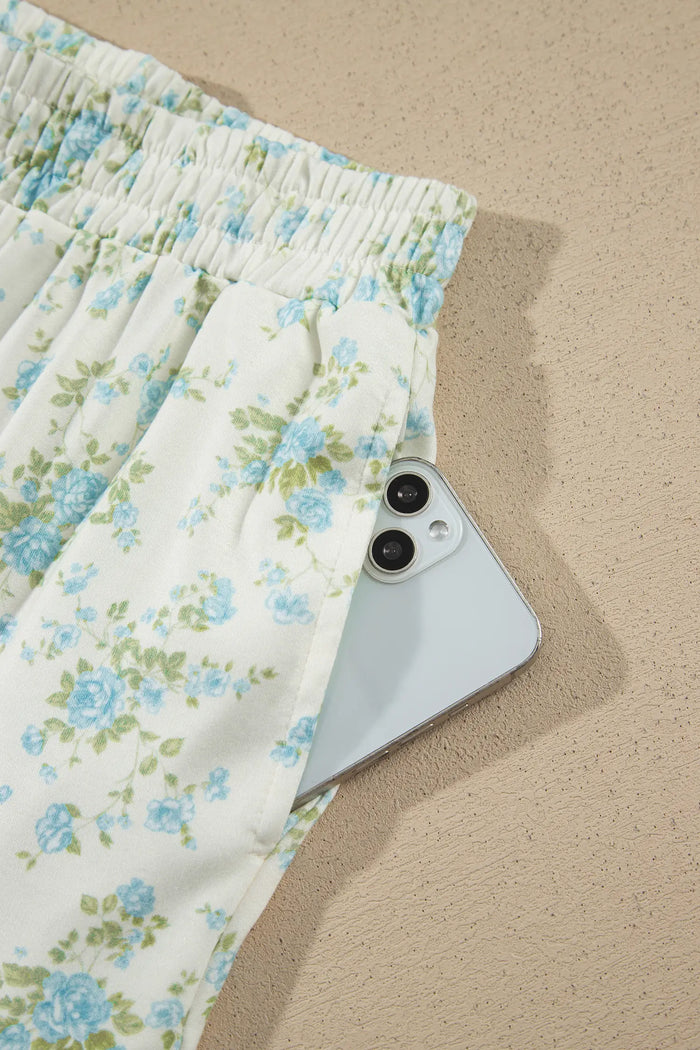 Floral Print Short Sleeve Elastic Waist Pocket Two Piece Set – Sky Blue