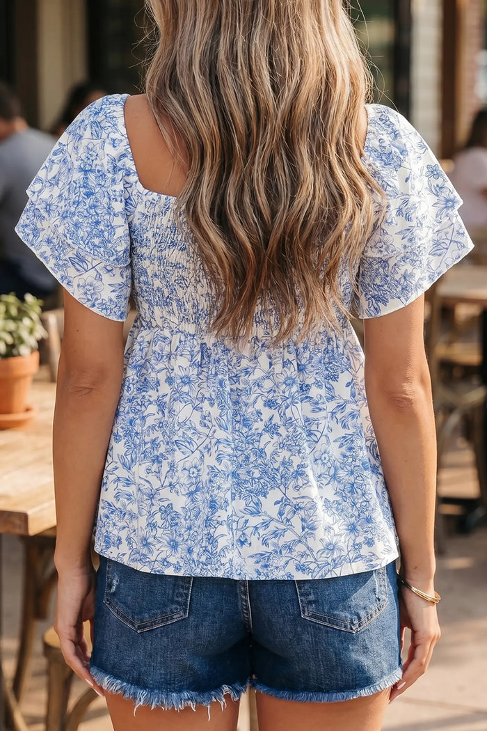 Floral Print Square Neck Ruffled Sleeve Shirred Babydoll Blouse – Sky Blue