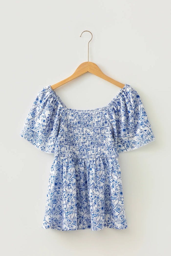 Floral Print Square Neck Ruffled Sleeve Shirred Babydoll Blouse – Sky Blue