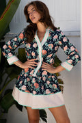 Floral Print Striped Trim V-Neck Long Sleeve Ruffle Hem Shift Mini Dress - Blue / S - Dresses/Floral Dresses
