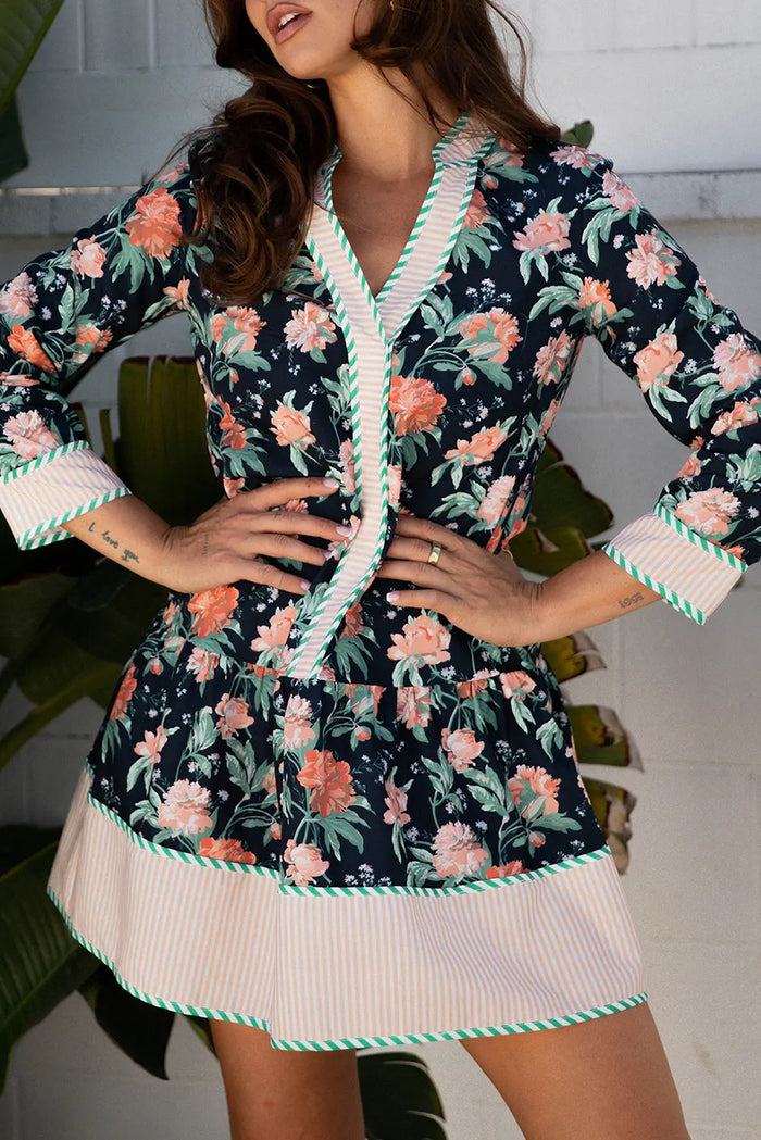 Floral Print Striped Trim V-Neck Long Sleeve Ruffle Hem Shift Mini Dress - Dresses/Floral Dresses