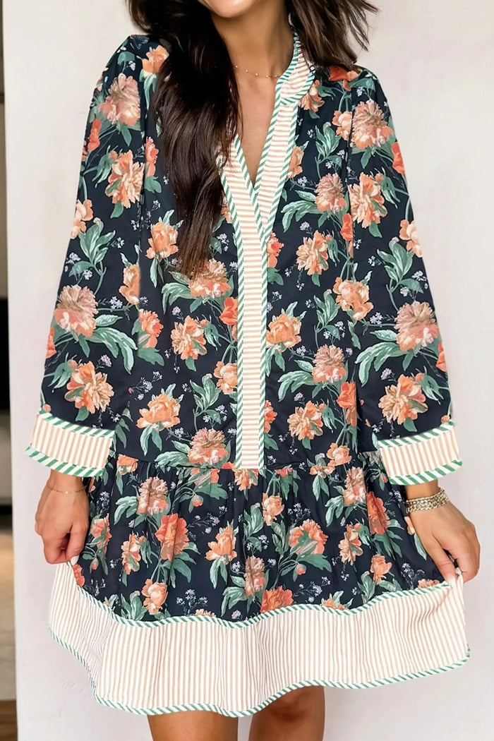 Floral Print Striped Trim V-Neck Long Sleeve Ruffle Hem Shift Mini Dress - Dresses/Floral Dresses